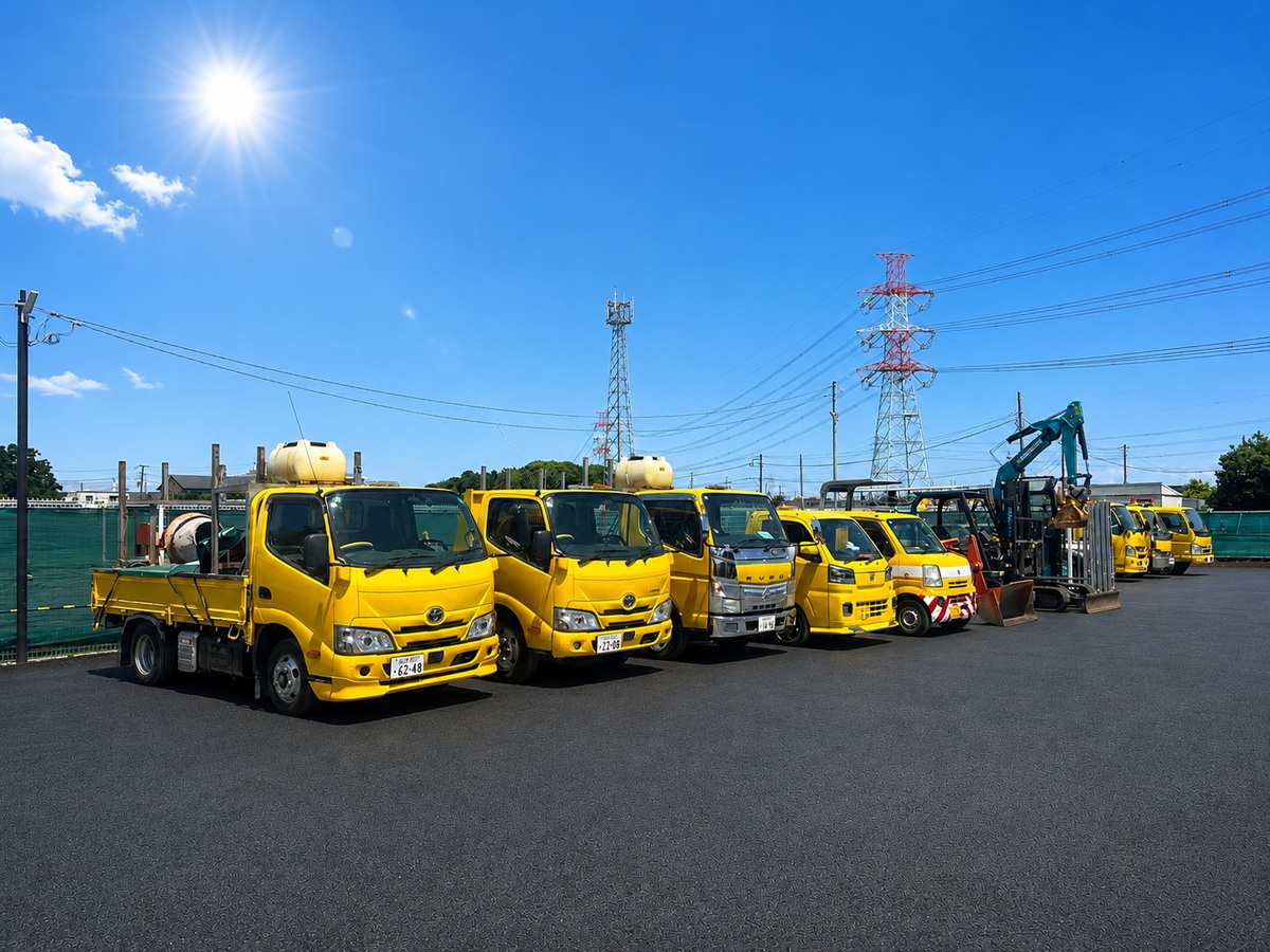 株式会社大神産業の黄色い工事車両が並ぶ写真。青空の下、道路工事や駐車場整備、交通安全施設工事に使用する車両を紹介している。